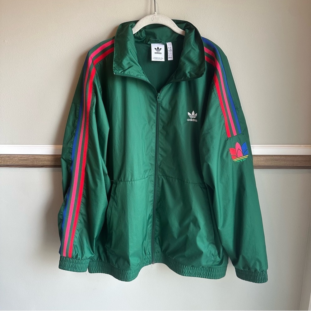 adidas Green Track Jacket with Pink and Blue Stripe Accents